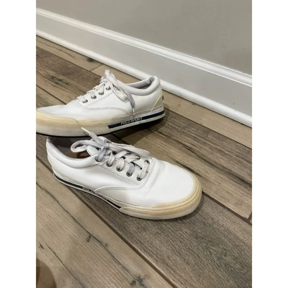 POLO SPORT RALPH LAUREN Low Sneaker Shoes Leather Mens Sz 9.5 White